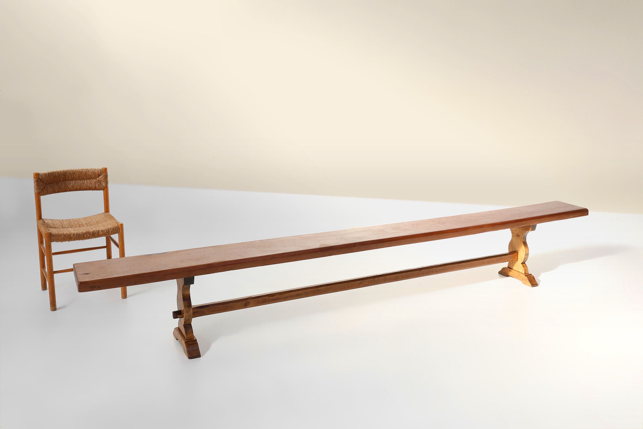 French Extra long solid elm wooden monastery bench, ca. 1850thumbnail